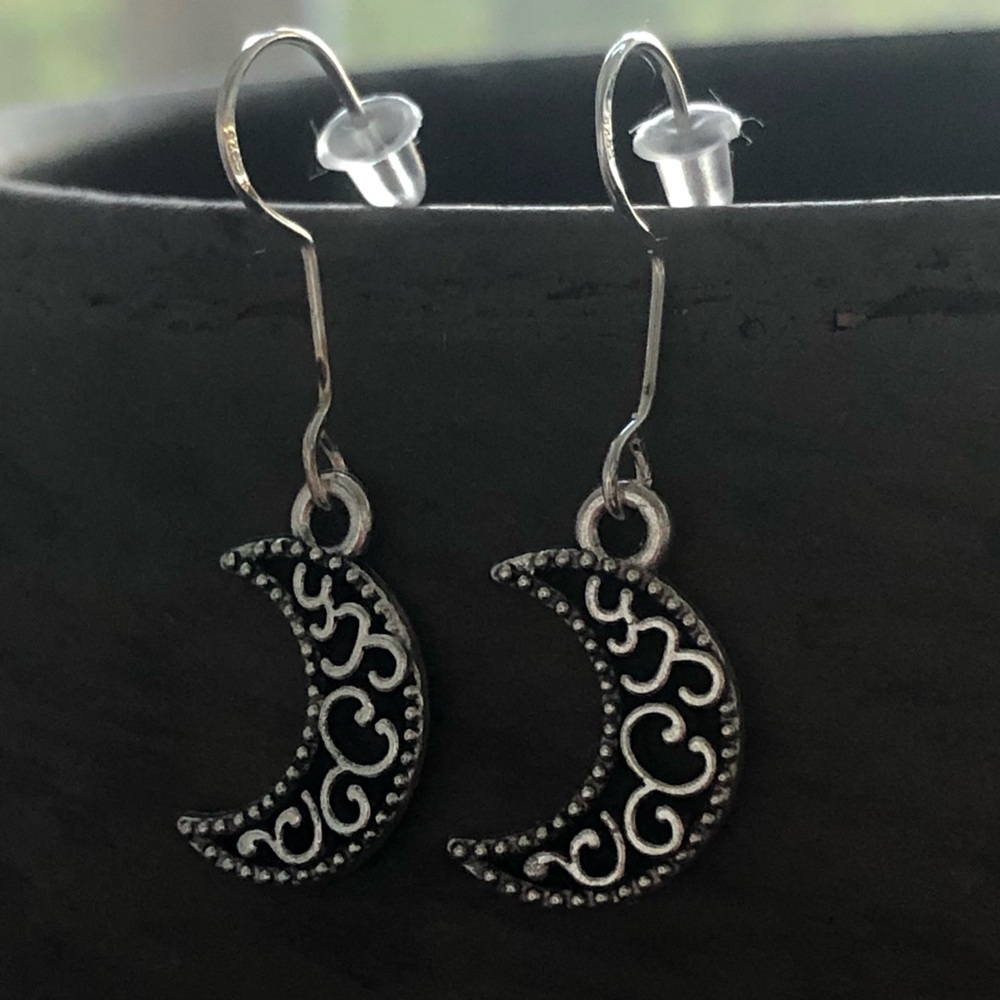 Crescent moon dangle sterling silver earrings